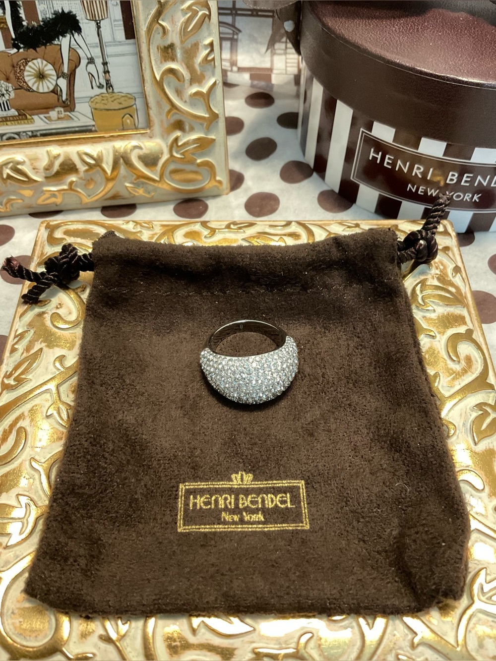 Henri Bendel Silver Swarovski Pave Crystal Tapered Half Dome Cocktail Ring